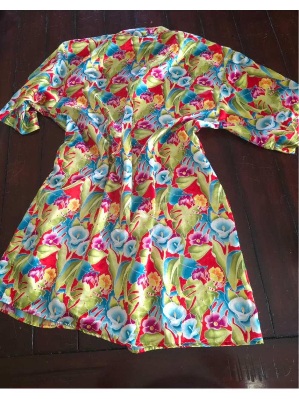 Vintage Miss Fifi Red Green Yellow Satin Floral Pajama Pant and Robe Set Luxe - Picture 6 of 16